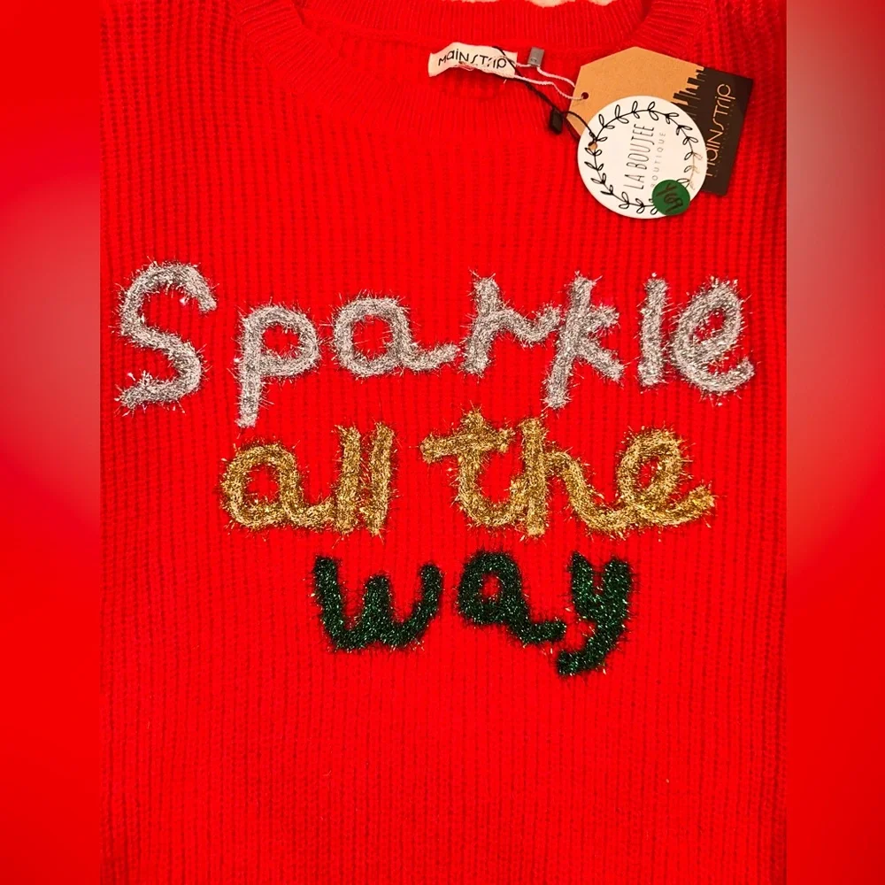 NWT Main Strip Sparkly Christmas Red Sweater with Sparkle Design‎ Size Large